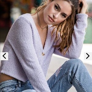 BNWT Purple Pastel Lilac Cropped Fuzzy Cardigan Sweater Size M